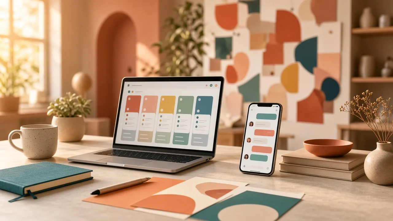 A bright creative agency desk with a colourful mood board, a laptop showing a task board and a phone with chat bubbles