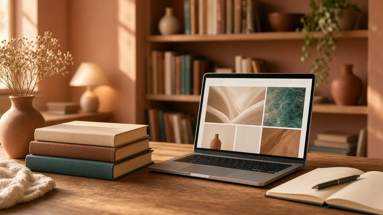 An author's study with bookshelves and hardcover books beside a laptop showing an elegant website layout