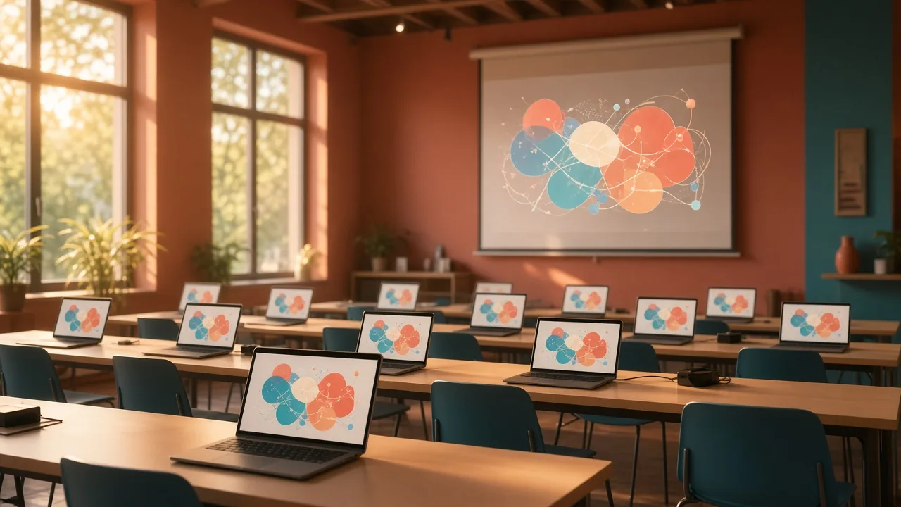An empty college computer lab with rows of laptops showing colourful flow diagrams and a projector screen
