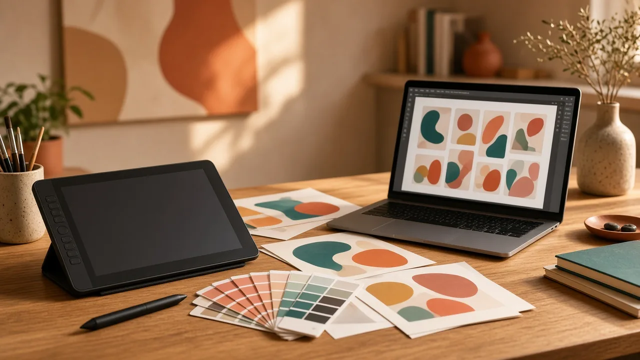 A design studio desk with a drawing tablet, colour swatches and a laptop showing colourful social post layouts