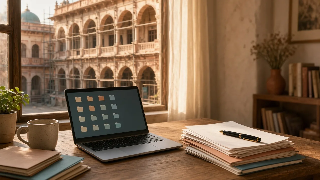 A writer's desk by a window facing an arched heritage building under restoration, with a laptop showing neat folders
