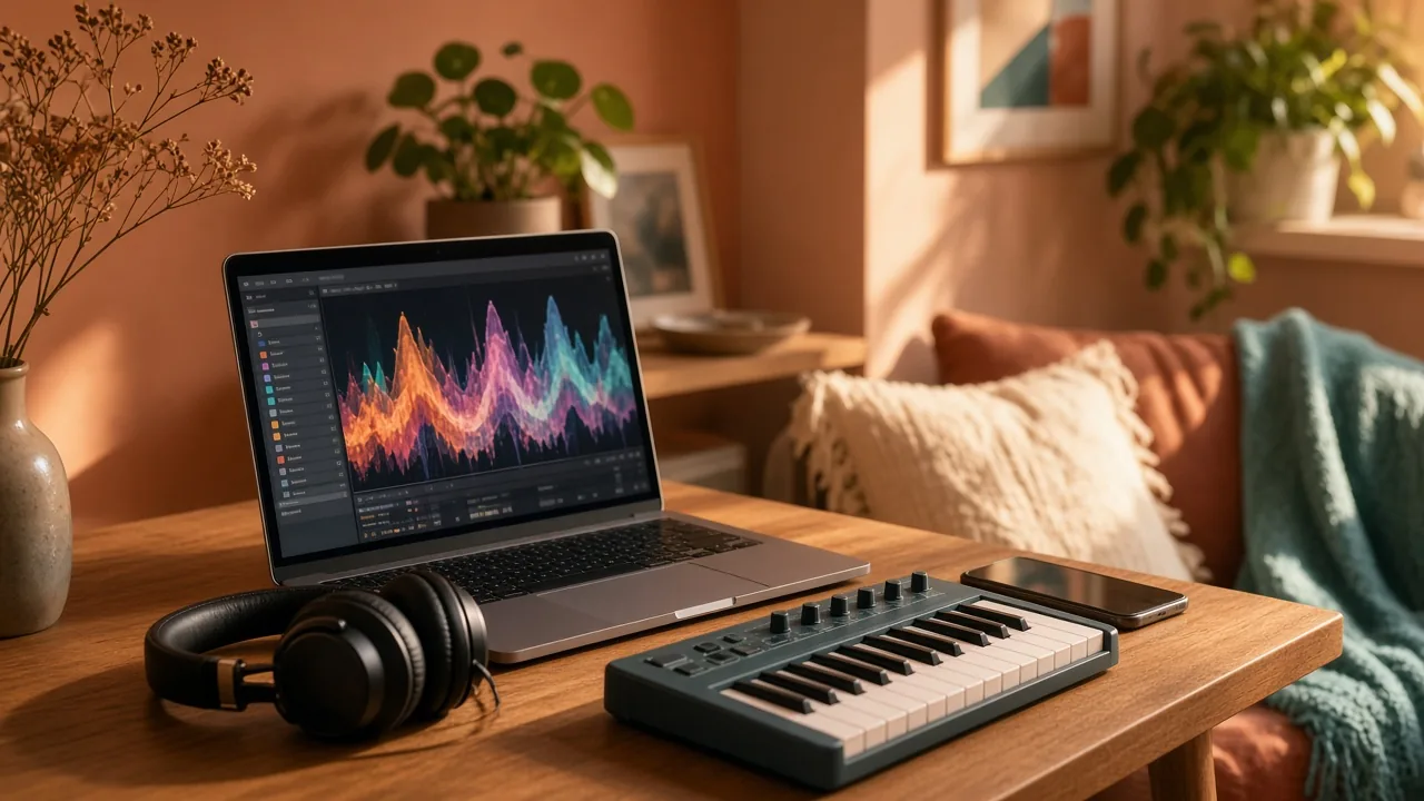 A cosy home music corner with a laptop showing a colourful waveform app, headphones and a small keyboard