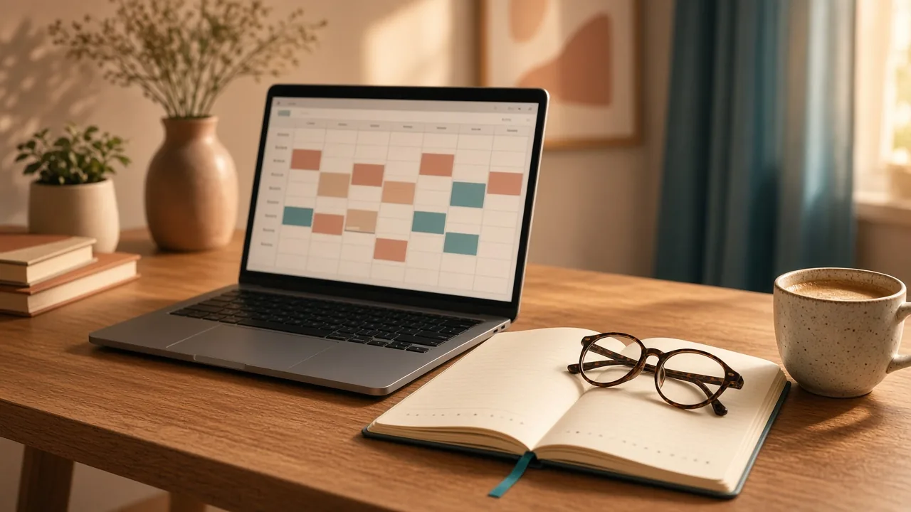 A calm home office desk with a laptop showing a calendar of scheduled task blocks, a planner and reading glasses