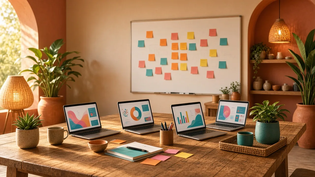 A sunlit learning space with laptops showing colourful apps and dashboards on a long wooden table, and sticky notes on a whiteboard