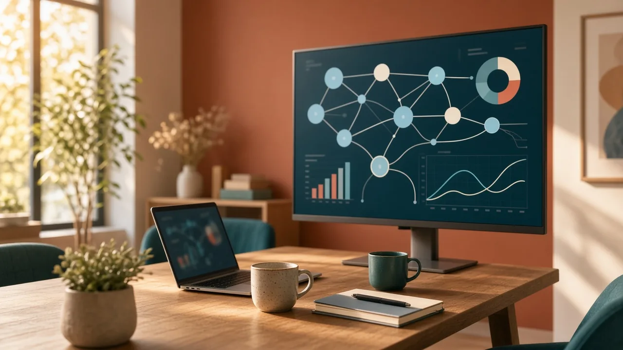 A sunlit startup meeting room with a large monitor showing a connected workflow dashboard and charts