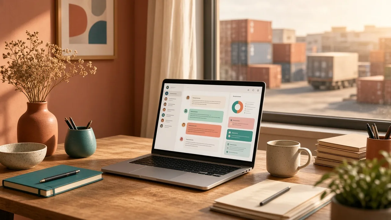 A sunlit office desk by a window overlooking stacked shipping containers, with a laptop showing a chat and CRM dashboard