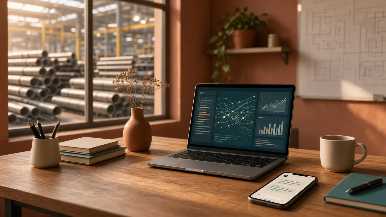 A factory office desk overlooking stacked steel tubes, with a laptop showing a planning dashboard and a phone