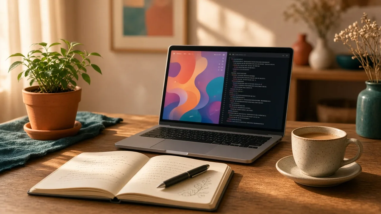 A warm home desk with an open laptop showing a colourful app and a code window, a notebook and a cup of chai