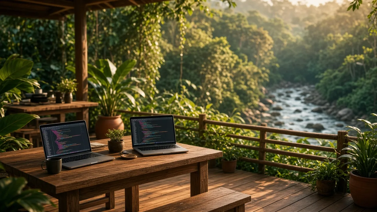 An open-air wooden deck in a forest by a river, with laptops showing colourful code editors