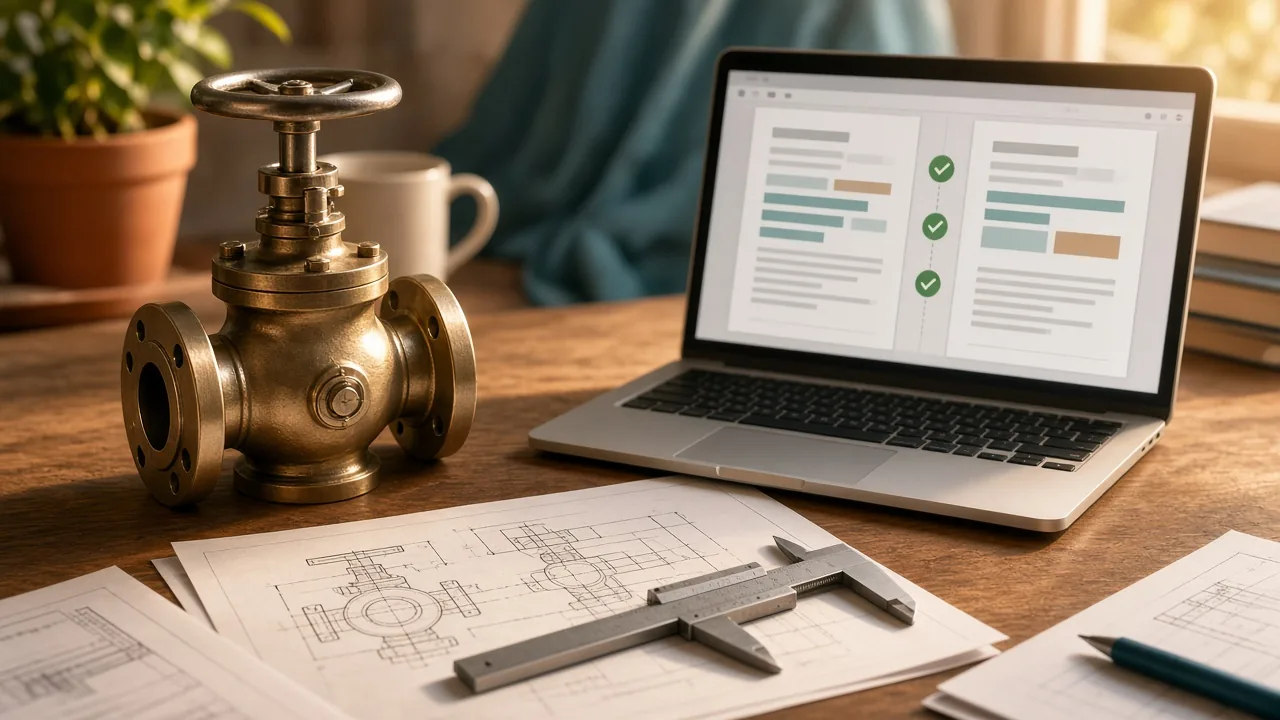 An engineering desk with a brass industrial valve, technical drawings and a calliper, beside a laptop comparing two documents